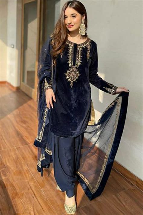 Wedding Boutique Online Navy Blue Patiala Suit With Zari Lstv115207