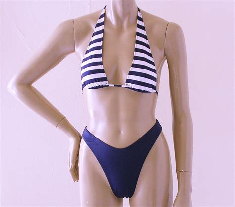 80s 90s Bikini Bottom And Sliding Halter Top In Navy Blue And Etsy