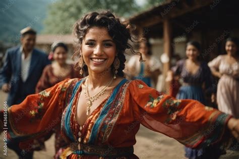 Young beautiful gypsy woman in traditional gypsy bright red dress ...