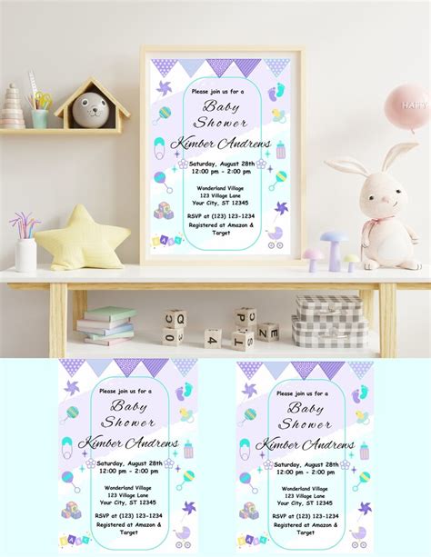 Baby Shower Modern Invitation Template Modern Lavender Teal Editable