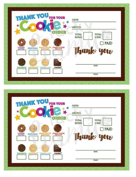 Abc Girl Scout Cookie Order Formthank You Green Printable Girl