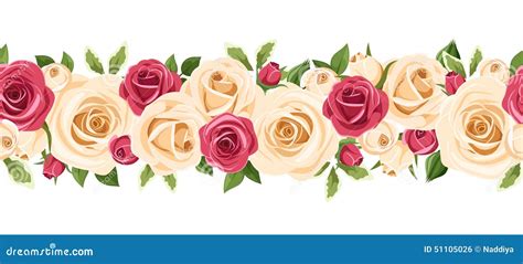 Horizontal Seamless Background With Red And White Roses Vector Illustration Stock Vector