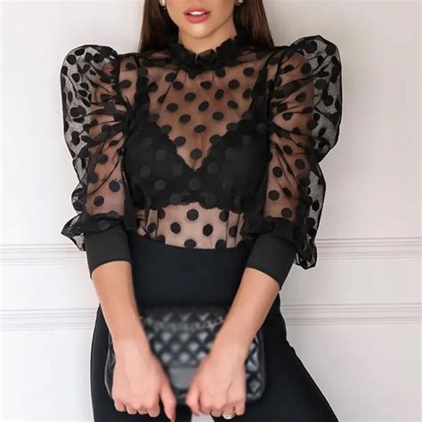 Women Mesh Sheer Blouse See Through Lantern Long Sleeve Shirt Fashion