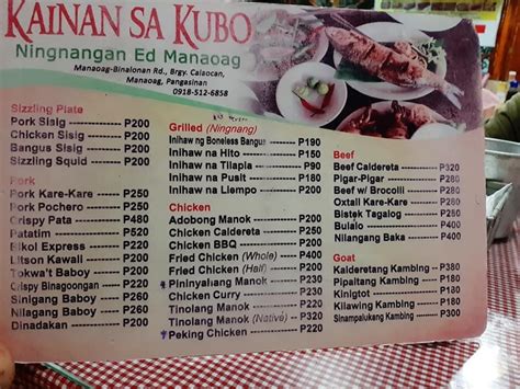 Menu At Kainan Sa Kubo Ningnangan Ed Manaoag Restaurant Manaoag