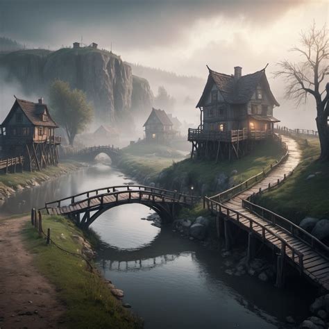 Small Settlement Foggy Bridge And River Dramatic