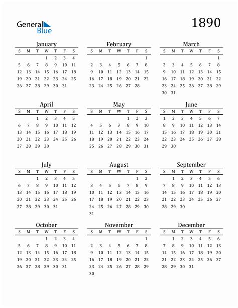 Year 1890 Free Printable 12-Month Calendar