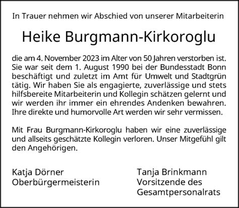 Traueranzeigen Von Heike Burgmann Kirkoroglu Ga Trauer De