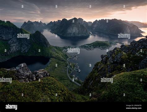 View from peak of Reinebringen above the Reine village of summer ...