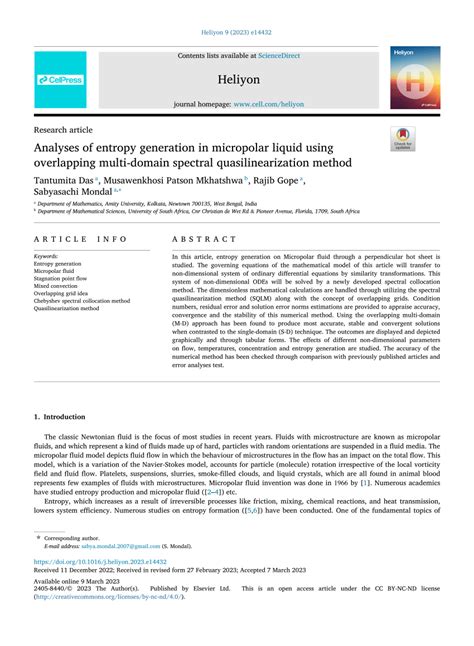 Pdf Analyses Of Entropy Generation In Micropolar Liquid Using