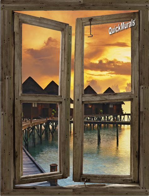 Beach Resort Sunset Window One Piece Peel Stick Canvas Wall Mural