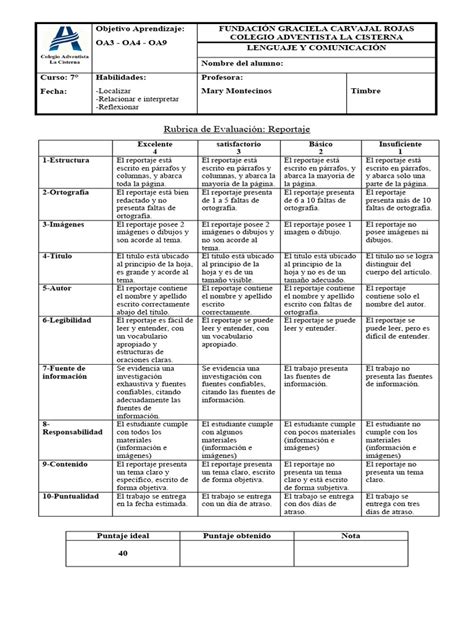 Rubrica De Evaluación7°basicoreportaje Pdf Aprendizaje Cognición