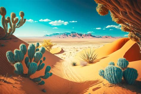 Vista Del Paisaje Del Desierto Con Cactus Y Dunas De Arena Contra El