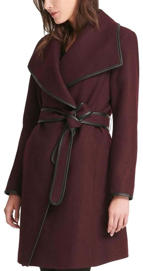 Dkny Burgundy And Black Faux Leather Trim Maxi Wrap Wool Coat Size 12 L