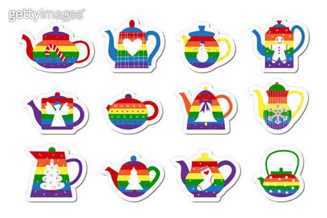 Gay Lgbt Christmas And New Year Teapots Stickers With Rainbow Flag And