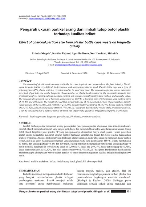 PDF Pengaruh Ukuran Partikel Arang Dari Limbah Tutup Botol Plastik