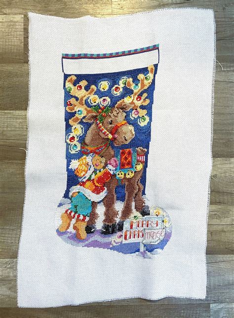 New Vintage Finished Counted Cross Stitch Canvas Merry Chrismoose