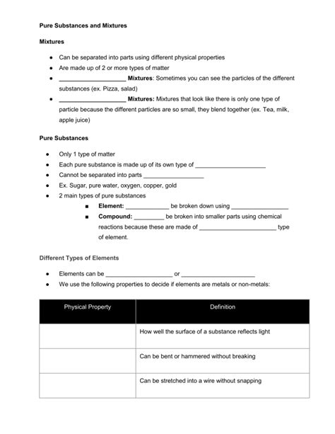 Pure Substances & Mixtures Worksheet: Science 