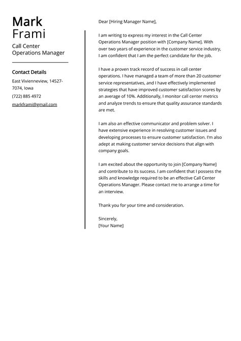 Call Center Operations Manager Cover Letter Example Free Guide