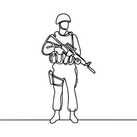 Desenho De Linha Cont Nua De Um Jovem Soldado Masculino Em Postura De