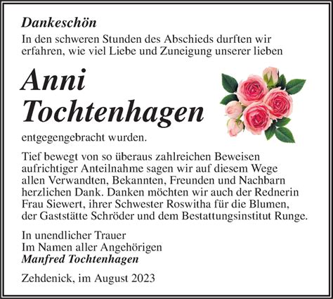 Traueranzeigen Von Anni Tochtenhagen M Rkische Onlinezeitung Trauerportal