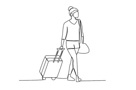 Premium Vector One Line Drawing Ofa Tourist Woman Walks While Pulling