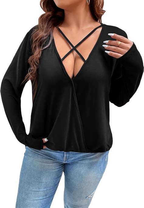 Cozyease Women S Plus Size Criss Cross Plunging Wrap V Neck Tee Long Sleeve T Shirt Top At