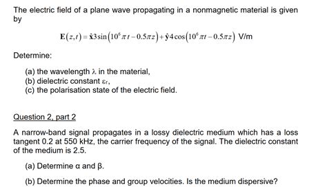 Solved The Electric Field Of A Plane Wave Propagating In A