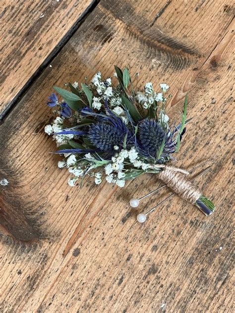 Dried Blue Thistle Buttonhole Grooms Buttonhole Dried Flower