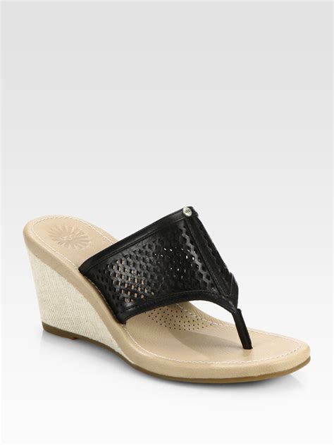 Ugg Solena Leather Canvas Wedge Sandals In Black Lyst