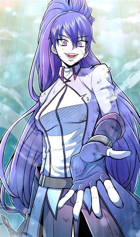 An Anime Character With Purple Hair And Blue Eyes Holding Her Hands