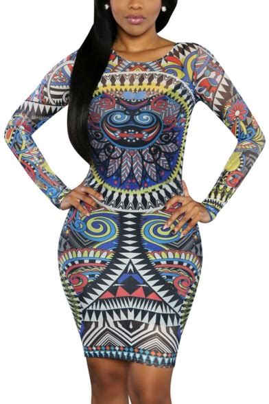 Women Sexy Traditional African Print Dashiki Bodycon Sexy Long Sleeve Dress