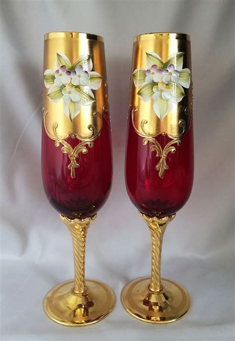 1950s 1960s Vintage Bohemian Crystal Ruby Red Gilt Enamel Wedding Champagne Flutes Superb Czech