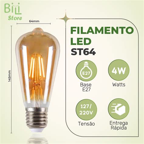 Lâmpada Filamento LED ST64 4W E27 LUZ QUENTE AMARELO Âmbar Retrô