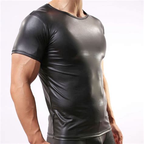 2020 Men Sexy Vest Faux Leather Solid Color Black Male Short Sleeve Shirts Underwear Slim Wear S