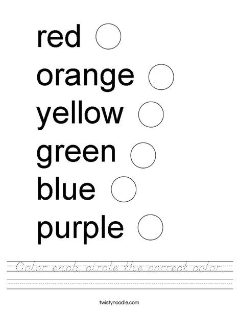 Color Each Circle The Correct Color Worksheet D Nealian Twisty Noodle