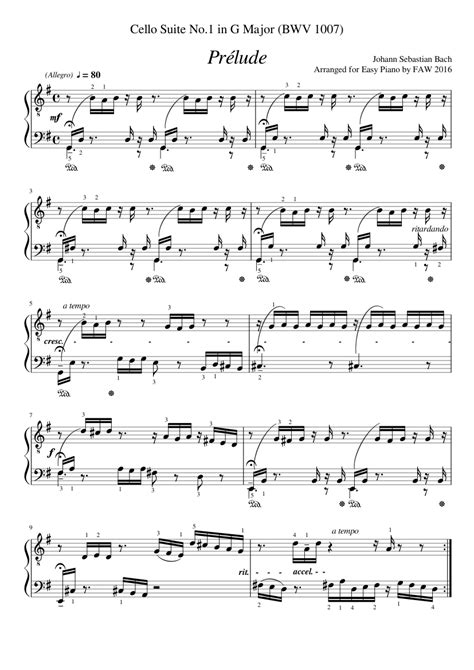 Prélude Cello Suite No1 In G Major Bwv 1007 Jsbach Transcribed For Easy Piano Sheet