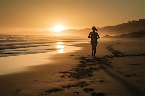 Correndo Na Praia Uma Mulher Correndo Na Praia Durante O Nascer Do Sol