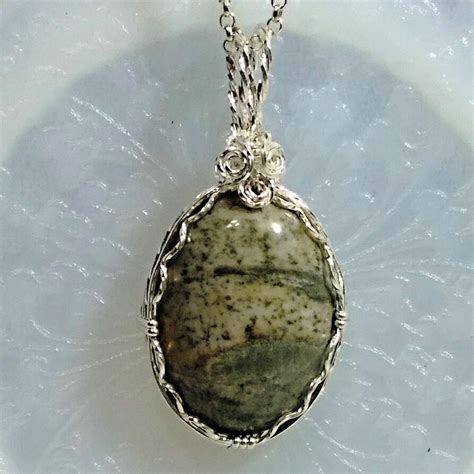 Green Jasper Cabochon Sterling Silver Wire Wrapped Pendant 11864