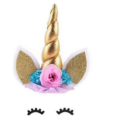 Unicorn Cake Topper With Eyelashes Gold Unicorn Horn Ears And Flowers