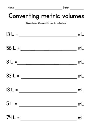 Converting Metric Volumes Liters And Milliliters Teaching Resources