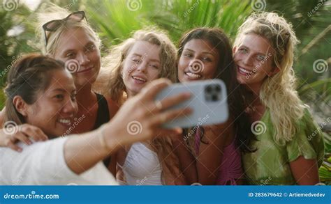 Cheerful Multiracial Girls Take Selfies On Vacation Diverse Young