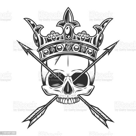 Skull Without Jaw With Royal Crown And Vintage Hunting Arrow In