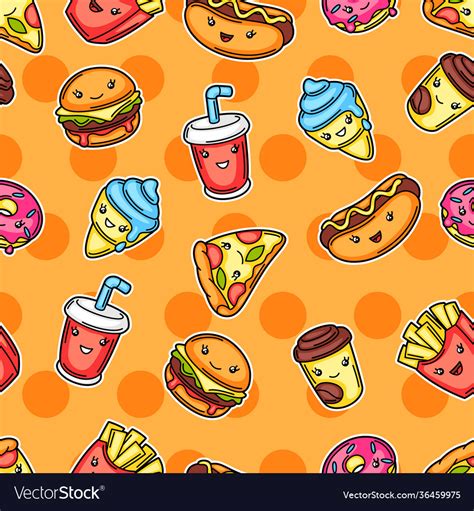 Seamless Pattern With Cute Kawaii Fast Food Meal Vector Image