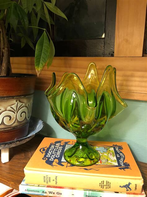 Viking Glass Avocado Green Swung Glass Candy Dish Vase Pedestal Base Vintage Vibes Retro