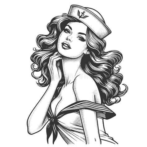 Sailor Pin Up Girl Posing Engraving Raster Stock Illustration