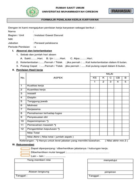 Form Ceklis Penilaian Kinerja Pdf