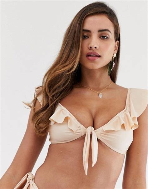 South Beach Off Shoulder Tie Front Bikini Top In Blush ASOS Bikini