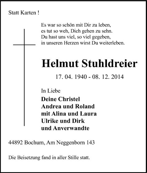 Traueranzeigen Von Helmut Stuhldreier Trauer In Nrw De