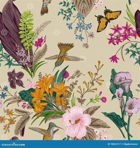 Vector Seamless Vintage Floral Pattern Exotic Flowers And Birds Stock