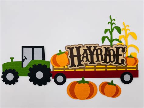 Handmade Die Cuts Hayride Title With Tractor Wagon Pumpkins Set Paper